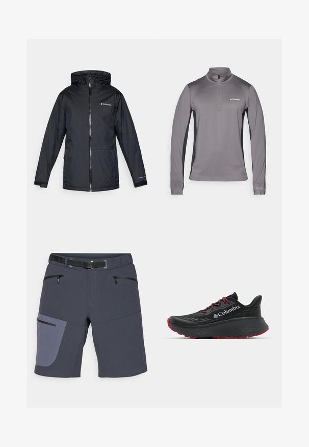 Svart Columbia vanntett hettejakke med frontglidelås, justerbare mansjetter og logo på brystet og ermet.; Grå genser med lange ermer og halv glidelås, teksturert stoff, kontrasterende svarte sidelapper og liten logo på brystet.; Shorts laget av mørkegrått stoff med en kontrasterende lysegrå sidestropp. Har to glidelåslommer foran og belte.; Svart treningssko med teksturert overdel, røde snører og logo. Tykksåle med mønstrede dekk for bedre veigrep. Minimalistisk design, sidevinkel.