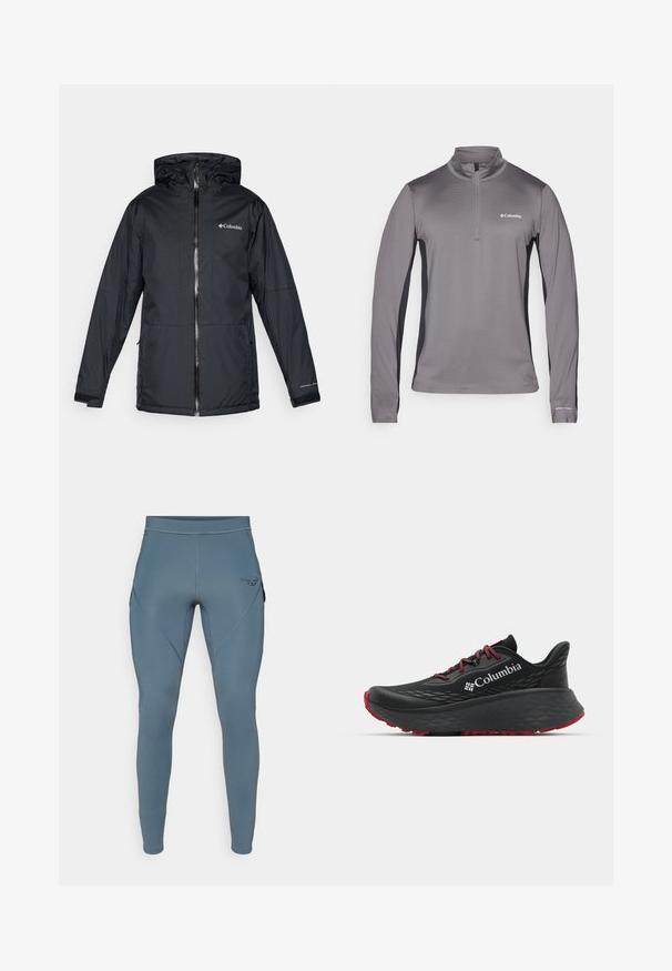 Mustan Columbia-vesitiivis hupullinen takki etuvetoketjulla, säädettävillä hihansuilla ja logolla rinnassa ja hihassa.; Harmaa pitkähihainen vetoketjullinen neule, jossa on teksturoitu kangas, kontrastiväriset mustat sivupaneelit ja pieni logo rinnassa.; Siniset urheiluleggingsit, joissa on sileä pinta, sivutaskut ja kontrastiväri musta logo lonkassa. Muotoiltu malli.; Musta urheilukenkä, jonka pinnassa on tekstuuri, punaiset nauhat ja logo. Paksu pohja, jossa on kuvioitu pito. Minimalistinen muotoilu, sivunäkemys.
