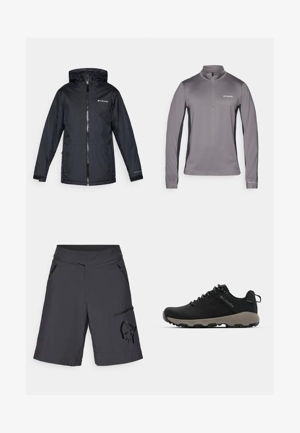 Črna Columbia vodoodporna jakna s kapuco, sprednjim zadrgo, nastavljivimi manšetami ter logotipom na prsih in rokavu.; Siv grey pulover s dolgimi rokavi in pol zadrgo, teksturirana tkanina, kontrastni črni bočni paneli in majhna oznaka na prsih.; Temno sivi kratki hlače iz lahkega materiala z žepom na zadrgo in odtisnjenim dizajnom ob strani. Imajo ravno elastiko v pasu in šivane robove.; Črne pohodniške čevlje z gladkim zgornjim delom, perforiranim dizajnom, sivo podplatom in ojačanim petnim delom. Imajo vezalke in zanko za enostavno obuvanje.