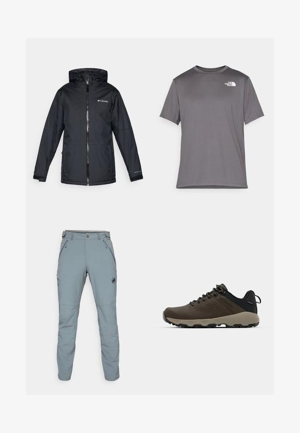 Juodas Columbia vandeniui atsparus jaqueta su kapišonu, priekyje su užtrauktuku, reguliuojamais rankogaliais ir logotipu ant krūtinės bei rankovės.; Pilkos spalvos trumpomis rankovėmis sportinė marškinėlė, pagaminta iš lygaus, lengvo audinio. Kairėje krūtinės pusėje yra baltas logotipas. Apvalaus kaklo dizainas.; Mammut RUNBOLD PANTS MEN - Kelnės - blue/grey; Rudi nepralaidūs sportbačiai su tekstūruota viršutine dalimi, perforuotomis detalėmis, juodu kulno palaikymu ir pilku guminio padu. Šniūreliai yra dekoruoti metaliniais galais.
