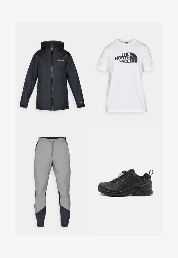 Mustan värvi Columbia veekindel kapuutsiga jakk, millel on esi tõmblukk, reguleeritavad mansetid ning logo rinnal ja varrukal.; Valge puuvillane T-särk, millel on must graafiline trükk koos tekstiga ja kaarekujundusega logo. Ümmargune kaelus ja lühikesed varrukad. Ükslaineline tekstuur.; Kergedatud hallid sportlikud püksid mustade aktsentidega. Elastne vöökoht, stringiga sulgemine, kitsenev jala disain ja küljetaskud.; Must have piisii mustriga sünteetiline pealis, pehme tallaga ja kiire lukkusüsteemiga mustad spordijalatsid. Omab tugevdusi varba- ja kannaosas.