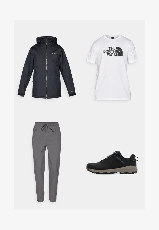 Črna Columbia vodoodporna jakna s kapuco, sprednjim zadrgo, nastavljivimi manšetami ter logotipom na prsih in rokavu.; Bela bombažna majica s črnim grafičnim tiskom, ki vključuje besedilo in obliko ukrivljenega logotipa. Okrugel izrez in kratki rokavi. Enostavna tekstura.; Sive lahke hlače z elastičnim pasom in nastavljivo vrvico. Imajo dve stranski žepi in zasnovo s taperiranim nogama.; Črne pohodniške čevlje z gladkim zgornjim delom, perforiranim dizajnom, sivo podplatom in ojačanim petnim delom. Imajo vezalke in zanko za enostavno obuvanje.