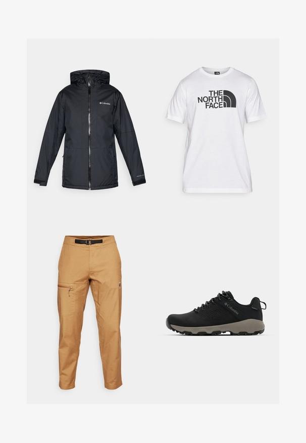 Črna Columbia vodoodporna jakna s kapuco, sprednjim zadrgo, nastavljivimi manšetami ter logotipom na prsih in rokavu.; Bela bombažna majica s črnim grafičnim tiskom, ki vključuje besedilo in obliko ukrivljenega logotipa. Okrugel izrez in kratki rokavi. Enostavna tekstura.; Svetlo rjave cargo hlače s zoženim krojem, ki vključujejo žep z zadrgo in črn pas. Narejene iz teksturirane tkanine.; Črne pohodniške čevlje z gladkim zgornjim delom, perforiranim dizajnom, sivo podplatom in ojačanim petnim delom. Imajo vezalke in zanko za enostavno obuvanje.