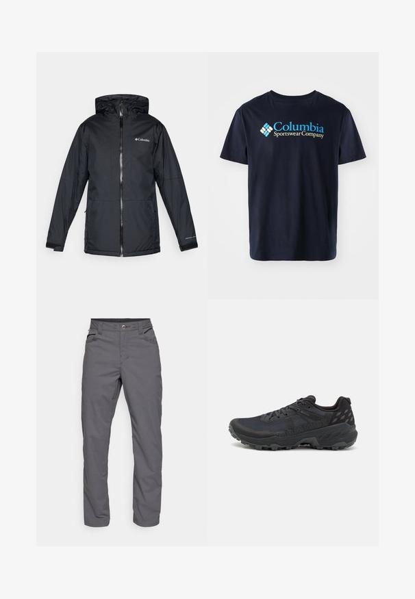 Juodas Columbia vandeniui atsparus jaqueta su kapišonu, priekyje su užtrauktuku, reguliuojamais rankogaliais ir logotipu ant krūtinės bei rankovės.; Columbia BASIC LOGO™ SHORT SLEEVE - Marškinėliai su spaudiniu - black; Šviesiai pilki, tiesaus kirpimo kelnių modeliai, pagaminti iš lengvos medžiagos. Yra dvi priekinės kišenės ir užtrauktukas su mygtuko uždarymu. Lygus paviršius.; Juodos trail bėgimo bateliai su tekstūruotu tinklo viršumi ir guminėmis paklotėmis; ypatybės apima raištelius, paminkštintą apykaklę ir logotipo detales.