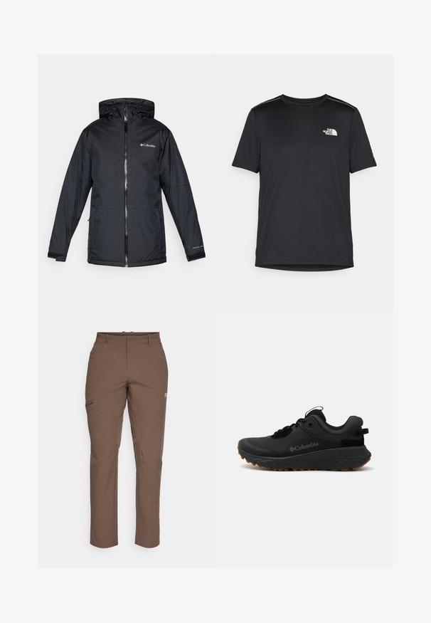 Fekete Columbia vízálló kapucnis dzseki elülső cipzárral, állítható mandzsettával, valamint logóval a mellkason és az ujjon.; Fekete, rövid ujjú póló, könnyű anyagból készült. Bal mellen egy kis fehér logó található, és finom vállrész kiemelések.; Barna, stretch anyagú nadrág, egyenes vonalú szabással, cipzáras zsebbel a bal combon és logó részlettel a jobb oldalon.; Fekete Columbia sportcipő struktúrált felülettel, párnázott nyakkal és gumitalppal, amelyen jellegzetes mintázat található a tapadás érdekében.