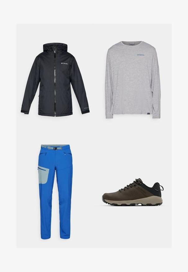 Čierna vodotesná bunda Columbia s kapucňou, predným zipperom, nastaviteľnými manžetami a logom na hrudi a rukáve.; Svetlošedé tričko s dlhým rukávom vyrobené z mäkkého, textúrovaného materiálu. Obsahuje okrúhly výstrih a malú modrú Patagonia logo na hrudi.; Modré vonkajšie nohavice s svetlo šedou akcentovanou vreckom, vybavené zipsovými vreckami, nastaviteľným pásom a zúženými nohavicami.; Hnedé vodoodolné tenisky s textúrovaným zvrškom, perforovanými detailmi, čiernou oporou päty a šedou gumovou podrážkou. Šnúrky sú ozdobené kovovými koncami.