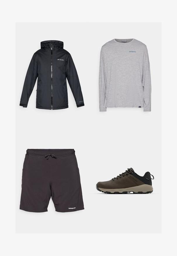 Svart Columbia vanntett hettejakke med frontglidelås, justerbare mansjetter og logo på brystet og ermet.; Lys grå langermet t-skjorte laget av myk, teksturert stoff. Har rund hals og en liten blå Patagonia-logo på brystet.; Patagonia STRIDER PRO - Friluftsshorts - black; Brune vanntette joggesko med teksturert overdel, perforerte detaljer, svart hæl støtte og en grå gummisåle. Snøring er stilisert med metalliske ender.