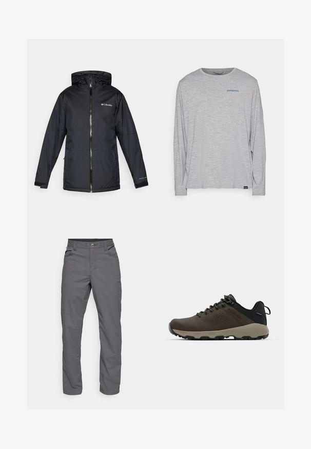 Svart Columbia vanntett hettejakke med frontglidelås, justerbare mansjetter og logo på brystet og ermet.; Lys grå langermet t-skjorte laget av myk, teksturert stoff. Har rund hals og en liten blå Patagonia-logo på brystet.; Grå, rette benbukser laget av lett stoff. Har to frontlommer og glidelås med knappelukking. Glatt tekstur.; Brune vanntette joggesko med teksturert overdel, perforerte detaljer, svart hæl støtte og en grå gummisåle. Snøring er stilisert med metalliske ender.