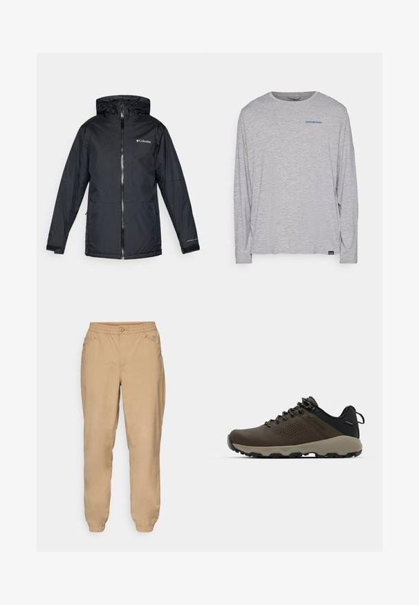Fekete Columbia vízálló kapucnis dzseki elülső cipzárral, állítható mandzsettával, valamint logóval a mellkason és az ujjon.; Világosszürke, hosszú ujjú póló, puha, texturált anyagból készült. Kerek nyakkivágással és egy kis kék Patagonia logóval rendelkezik a mellkasán.; Beige színű, gumis derekú jogger nadrág gombos záródással, oldal zsebekkel és gumis szegélyekkel.; Barna vízálló sportcipők texturált felsőrésszel, perforált díszítésekkel, fekete saroktámasszal és szürke gumi talppal. A cipőfűzők fém végződésekkel vannak ellátva.