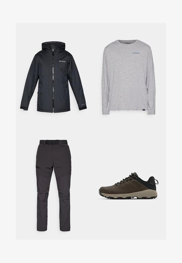 Svart Columbia vanntett hettejakke med frontglidelås, justerbare mansjetter og logo på brystet og ermet.; Lys grå langermet t-skjorte laget av myk, teksturert stoff. Har rund hals og en liten blå Patagonia-logo på brystet.; Mørkegrå, letvægts udendørsbukser med en tætsiddende design, justerbar talje og en lynlåslomme på siden. Glat tekstur, alsidig pasform.; Brune vanntette joggesko med teksturert overdel, perforerte detaljer, svart hæl støtte og en grå gummisåle. Snøring er stilisert med metalliske ender.