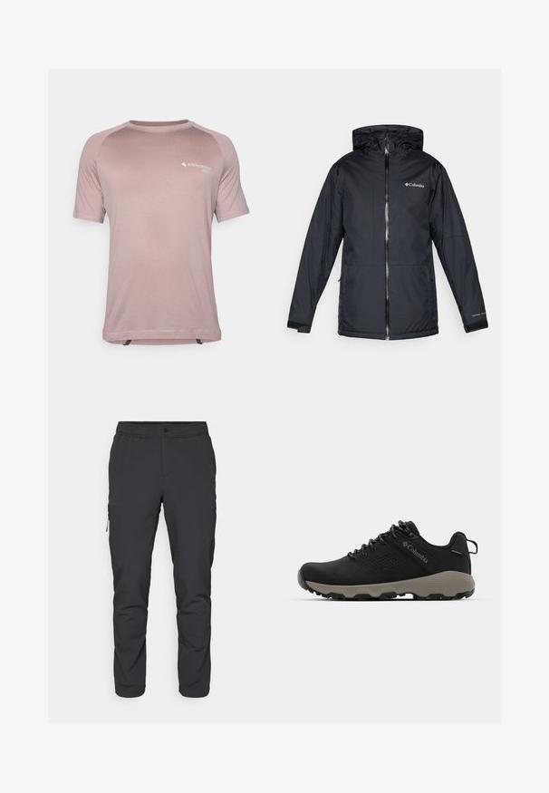 Čierna vodotesná bunda Columbia s kapucňou, predným zipperom, nastaviteľnými manžetami a logom na hrudi a rukáve.; Svetloružové technické tričko s krátkym rukávom vyrobené z priedušného materiálu, so zaobleným výstrihom, kontrastnými ramennými panelmi a potlačou loga.; Čierne zúžené nohavice s elastickým pásom, bočným vreckom na zips a hladkým, ľahkým materiálom. Ideálne na športové aktivity.; Čierne turistické topánky s hladkým zvrškom, perforovaným dizajnom, šedou podrážkou a vystuženým pätou. Obsahujú šnúrky a pútko pre jednoduché obúvanie.