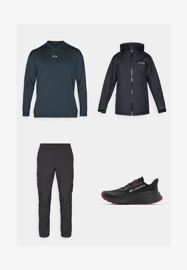 Čierna vodotesná bunda Columbia s kapucňou, predným zipperom, nastaviteľnými manžetami a logom na hrudi a rukáve.; Tmavomodré športové tričko s dlhým rukávom a polovičným zipsom, s malým bielym logom na hrudi a hladkým, ľahkým materiálom.; Čierne zúžené nohavice s elastickým pásom, bočným vreckom na zips a hladkým, ľahkým materiálom. Ideálne na športové aktivity.; Čierna športová obuv s textúrovaným zvrškom, červenými šnúrkami a logom. Hrubá podrážka s vzorovaným dezénom pre trakciu. Minimalistický dizajn, bočný pohľad.