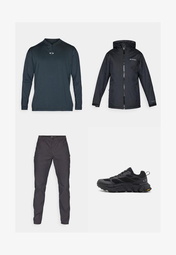Crna vodootporna jakna s kapuljačom Columbia sa prednjim zatvaračem, podesivim manžetama i logotipom na prsima i rukavu.; Tamna plava dugih rukava sportska majica s polu-zip ovratnikom, koja na prsima ima mali bijeli logotip i izrađena je od glatkog, laganog materijala.; Tamno sivi cargo hlače s glatkom teksturom, s prednjim džepovima i bočnim džepom; pojas osiguran kopčom na dugme.; Crne atletske cipele s debelim potplatom, mrežastim i sintetičkim gornjištem, teksturiranim detaljima i Vibram oznakom na potplatu.