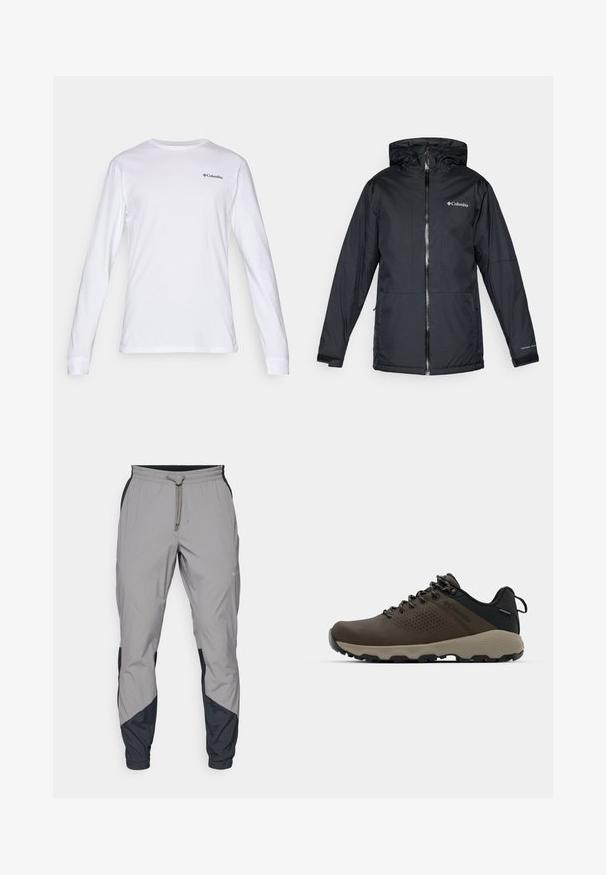 Μαύρο αδιάβροχο jacket Columbia με κουκούλα, μπροστινό φερμουάρ, ρυθμιζόμενα μανίκια και λογότυπο στο στήθος και στο μανίκι.; Λευκή μπλούζα με μακριά μανίκια, φτιαγμένη από βαμβάκι, με στρογγυλή λαιμόκοψη και μικρό μαύρο λογότυπο Columbia στο στήθος. Μαλακή υφή, εφαρμοστό σχέδιο.; Ελαφρύ γκρι αθλητικό παντελόνι με μαύρες λεπτομέρειες. Ελαστική μέση, κλείσιμο με κορδόνι, σχέδιο με στενό πόδι και πλαϊνές τσέπες.; Καφέ αδιάβροχα αθλητικά παπούτσια με υφασμάτινη επάνω επιφάνεια, διατρήσεις, μαύρη στήριξη στη φτέρνα και γκρι ελαστική σόλα. Οι κορδόνες είναι διακοσμημένες με μεταλλικές άκρες.