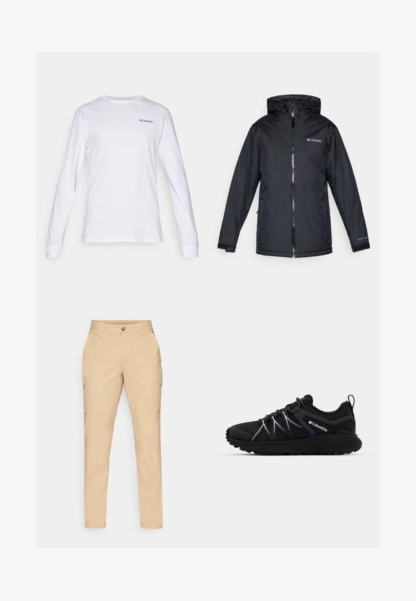 Fekete Columbia vízálló kapucnis dzseki elülső cipzárral, állítható mandzsettával, valamint logóval a mellkason és az ujjon.; Hosszú ujjú, fehér pamut póló, kerek nyakkivágással és egy kis fekete Columbia logóval a mellkason. Puha tapintású, testhezálló fazon.; Beige munkásnadrág gombos záródással, slim fit fazonnal, oldalsó zsebekkel és sima pamut keverék anyaggal. Nincs látható minta vagy dísz.; Fekete sportcipő, textúrázott hálós felsőrésszel, fényvisszaverő részletekkel, vastag gumitalppal és elasztikus fűzőkkel. A Columbia logó az oldalon látható.