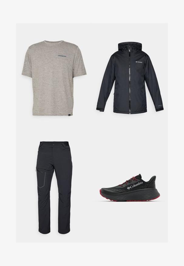 Svart Columbia vanntett hettejakke med frontglidelås, justerbare mansjetter og logo på brystet og ermet.; Grå kortermet t-skjorte laget av mykt, teksturert stoff med en liten blå Patagonia-logo på venstre bryst. Ingen ekstra mønstre.; Svart utendørsbukser med en glidelåslomme på låret, elastisk midje og glatt, vannavstøtende stoff. Renslig design uten synlige logoer.; Svart treningssko med teksturert overdel, røde snører og logo. Tykksåle med mønstrede dekk for bedre veigrep. Minimalistisk design, sidevinkel.