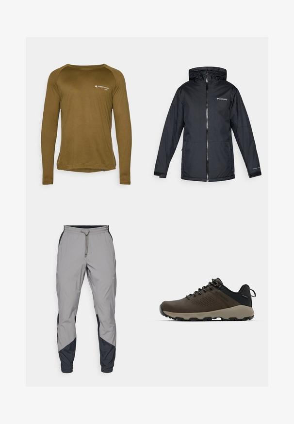 Svart Columbia vanntett hettejakke med frontglidelås, justerbare mansjetter og logo på brystet og ermet.; Langermet skjorte i olivengrønn, laget av strukturert stoff. Har en avrundet halslinning og en liten logo på framsiden.; Lettvektige, grå treningsbukser med svarte detaljer. Elastisk midjebånd, snøring, tapered benedesign og sidelommer.; Brune vanntette joggesko med teksturert overdel, perforerte detaljer, svart hæl støtte og en grå gummisåle. Snøring er stilisert med metalliske ender.