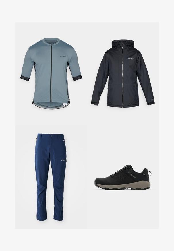 Crna vodootporna jakna s kapuljačom Columbia sa prednjim zatvaračem, podesivim manžetama i logotipom na prsima i rukavu.; Majica za bicikl s kratkim rukavima u svijetloplavoj boji, sa prednjim zatvaračem i crnim uzorcima na rukavima. Izrađena od rastezljivog, prozračnog materijala.; Columbia COLUMBIA TECH™ PANT - Hlače za otvoreno - collegiate navy; Crne planinarske cipele s glatkim gornjim dijelom, perforiranim dizajnom, sivoj potplati i ojačanim petom. Sadrže vezice i petlju za lakše oblačenje.