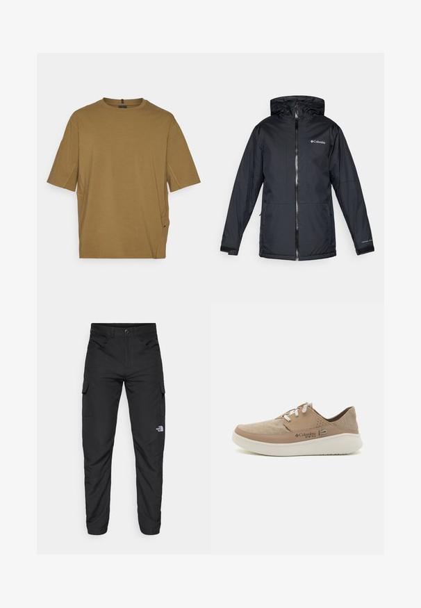 Giacca a vento nera Columbia impermeabile con cerniera anteriore, polsini regolabili e logo sul petto e sulla manica.; T-shirt a maniche corte di colore marrone, realizzato in tessuto morbido, con scollo rotondo e spacchi laterali per un comfort aggiuntivo. Design semplice e non decorato.; The North Face HORIZON PANT - Pantaloni outdoor - black; Sneaker in canvas beige con dettagli in pelle marrone chiaro, lacci bianchi e perforazioni sui lati, dotata di una suola imbottita.