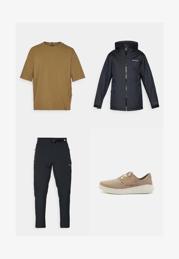 Čierna vodotesná bunda Columbia s kapucňou, predným zipperom, nastaviteľnými manžetami a logom na hrudi a rukáve.; Krátky rukáv, hnedé tričko vyrobené z mäkkého materiálu, s okrúhlym výstrihom a bočnými rozparkami pre väčšie pohodlie. Jednoduchý, nezdobený dizajn.; Columbia ESSENTIAL HIKE™ PANT - Outdoorové nohavice - black; Béžové plátené tenisky s svetlohnedými koženými akcentami, bielymi šnúrkami a perforáciami na boku, s polstrovanou podrážkou.