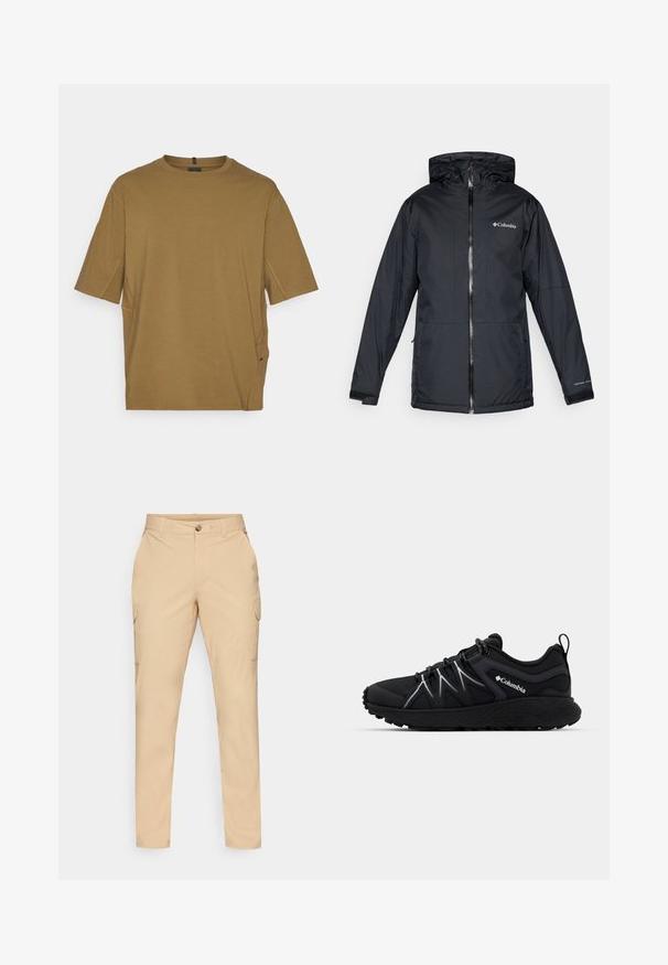 Sort Columbia vandtæt hættejakke med frontlynlås, justerbare manchetter og logo på brystet og ærmet.; Kortærmet, brun t-shirt lavet af blødt stof, med rund halsudskæring og sideslids for ekstra komfort. Enkel, udekoreret design.; Beige cargo bukser med knaplukning, slim fit, sidelommer og et glat bomuldsblandingsstof. Ingen synlige mønstre eller accenter.; Sort atletisk sko med tekstureret mesh-overdel, reflekterende accenter, tykk gummisål og elastiske snørebånd. Columbia-logo synlig på siden.