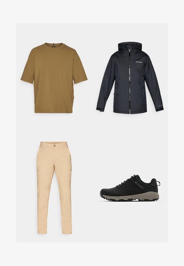 Svart Columbia vanntett hettejakke med frontglidelås, justerbare mansjetter og logo på brystet og ermet.; Kortermet, brun t-skjorte laget av myk stoff, med rund hals og sideåpninger for ekstra komfort. Enkel, u dekorert design.; Beige cargo bukser med knappestolpe, slim fit, sidelommer og et glatt bomullsblandingsstoff. Ingen synlige mønstre eller aksenter.; Svart tursko med glatt overdel, perforert design, grå såle og forsterket hæl. Har snøringer og en pull-tab for enkel påkledning.