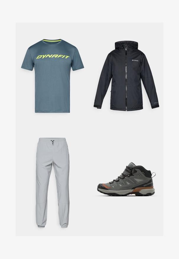 Mustan värvi Columbia veekindel kapuutsiga jakk, millel on esi tõmblukk, reguleeritavad mansetid ning logo rinnal ja varrukal.; Sinine lühikeste varrukatega spordipusa, millel on erksa kollane "DYNAFIT" logo rinnal, ümar kaelus ja kontrastne kollane kaelaäär.; The North Face WIND PANT - Õuepüksid - monument grey; Keskmise lõikega välijalanõud halli martiali ja seemisnahaga, millel on kummist tallad, paeltega esiosa ja oranžid aktsendid, mõeldud vastupidavuse ja mugavuse tagamiseks.