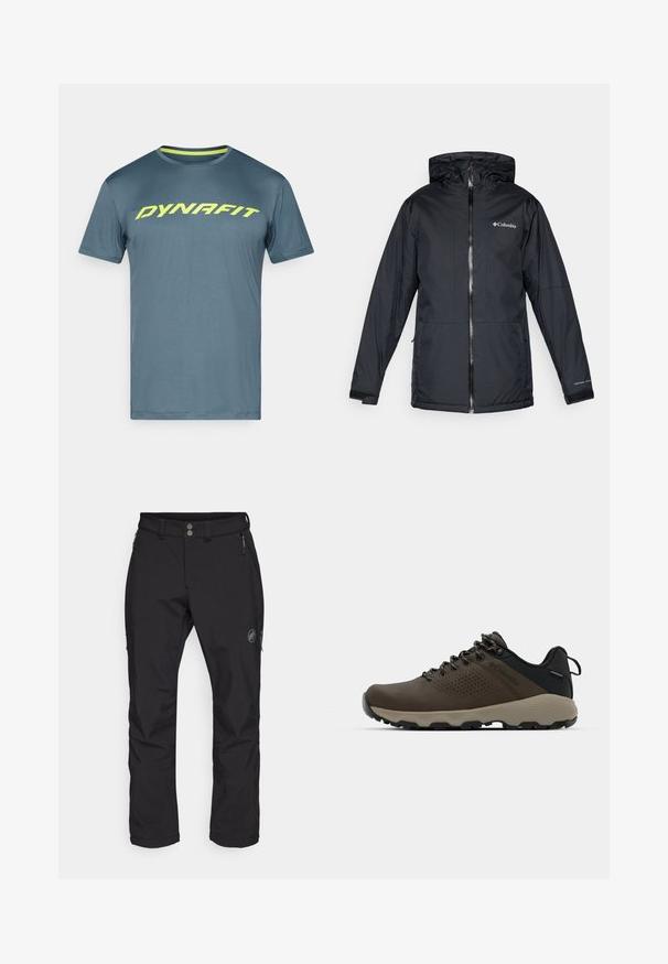 Černá voděodolná kapucová bunda Columbia s předním zipem, nastavitelnými manžetami a logem na prsou a rukávu.; Modré sportovní tričko s krátkým rukávem a neonově žlutým logem "DYNAFIT" na hrudi, kulatý výstřih a kontrastní žlutý lem vnitřního límce.; Černé venkovní kalhoty s rovnou nohavicí, vyrobené z odolné tkaniny. Mají dvě přední kapsy se zipy a logo na stehně.; Hnědé nepromokavé sneakers s texturovaným svrškem, perforovanými detaily, černým oporou paty a šedou gumovou podrážkou. Šňůrky mají kovové konce.
