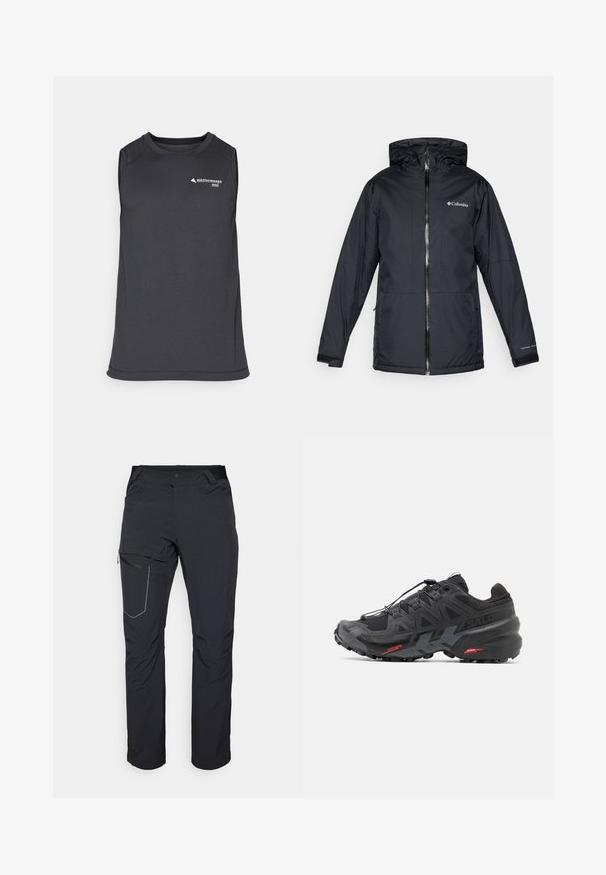 Chaqueta con capucha impermeable negra de Columbia con cremallera frontal, puños ajustables y logo en el pecho y la manga.; Camiseta sin mangas de atletismo en gris oscuro, hecha de una tela texturizada, con cuello redondo y un pequeño logotipo en la parte delantera.; Pantalones exteriores negros con un bolsillo en el muslo con cremallera, cintura elástica y tejido liso y resistente al agua. Diseño limpio sin logotipos visibles.; Zapatilla de running negra con parte superior sintética, diseño texturizado y acentos rojos en contraste. Presenta un sistema de cordones seguro y una suela robusta.
