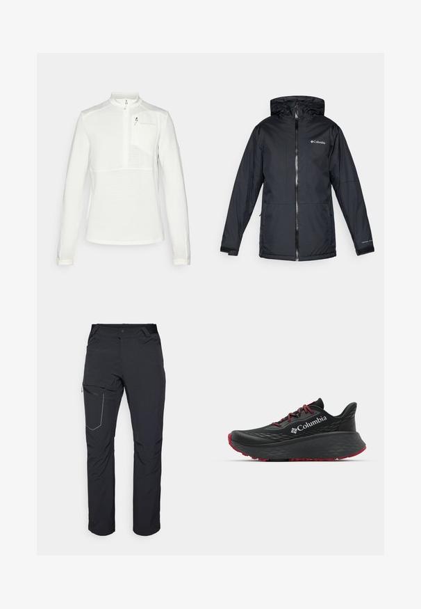 Fekete Columbia vízálló kapucnis dzseki elülső cipzárral, állítható mandzsettával, valamint logóval a mellkason és az ujjon.; Fehér, hosszú ujjú pulóver negyed-zipzárral, texturált anyagból és egy kis mellzsebbel. Magas gallérral és diszkrét logó részlettel rendelkezik.; Fekete kültéri nadrág, cipzáras combzsebbel, rugalmas derékrésszel és sima, vízlepergető szövettel. Tiszta dizájn, látható logók nélkül.; Fekete sportcipő texturált felsőrésszel, piros fűzőkkel és logóval. Vastag talp, mintás járófelülettel a tapadásért. Minimalista dizájn, oldalnézet.