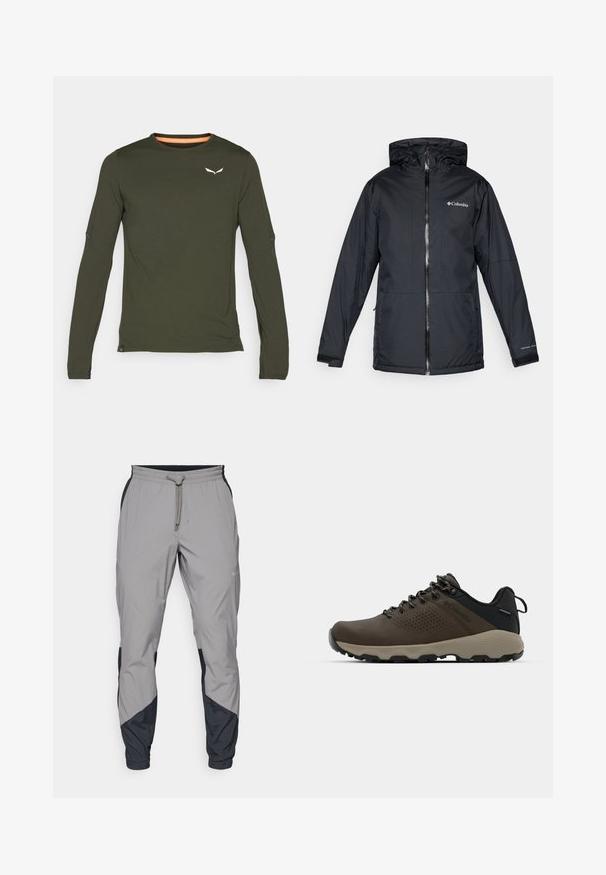 Čierna vodotesná bunda Columbia s kapucňou, predným zipperom, nastaviteľnými manžetami a logom na hrudi a rukáve.; Salewa PEDROC DRY TEE - Top s dlhým rukávom - dark olive; Ľahké, šedé športové nohavice s čiernymi akcentmi. Elastický pás, sťahovanie pomocou šnúrky, zúžený strih nohavíc a bočné vrecká.; Hnedé vodoodolné tenisky s textúrovaným zvrškom, perforovanými detailmi, čiernou oporou päty a šedou gumovou podrážkou. Šnúrky sú ozdobené kovovými koncami.