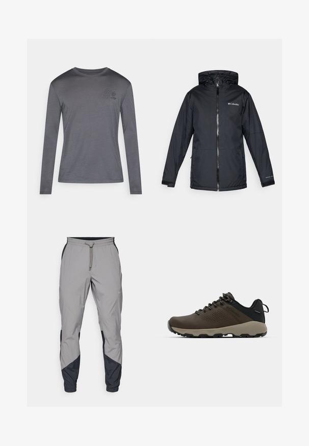 Schwarze Columbia wasserdichte Jacke mit Kapuze, Frontreißverschluss, verstellbaren Bündchen und Logo auf der Brust und dem Ärmel.; Langarmshirt in Dunkelgrau, aus weichem Stoff. Verfügt über einen kleinen Blumenprint auf der Brust und einen Rundhalsausschnitt. Schlichtes Design.; Leichte, graue Sporthosen mit schwarzen Akzenten. Elastischer Bund, Kordelzugverschluss, taillierte Beinform und Seitentaschen.; Braune wasserdichte Sneakers mit einer strukturierten Oberseite, perforierten Akzenten, schwarzem Fersenschutz und einer grauen Gummisohle. Die Schnürsenkel sind mit metallischen Enden gestaltet.