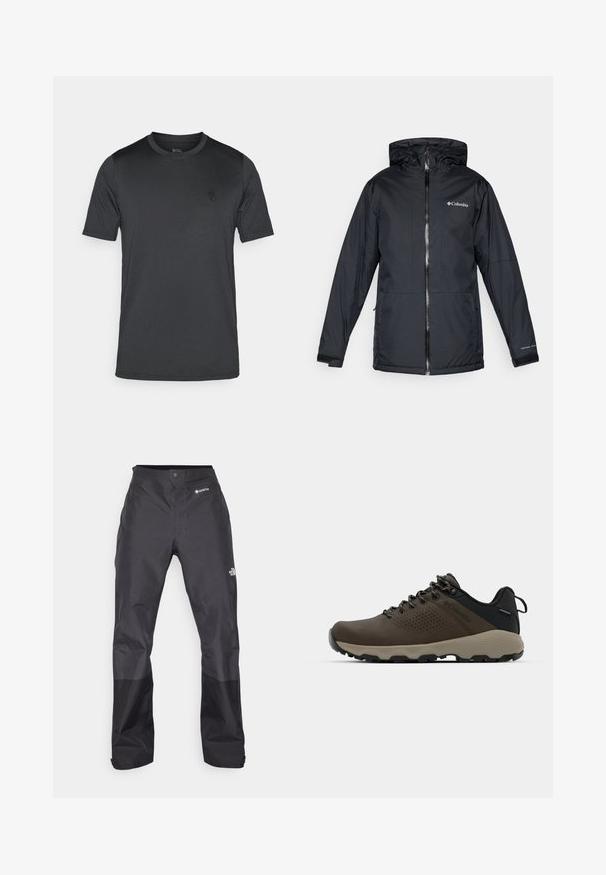 Μαύρο αδιάβροχο jacket Columbia με κουκούλα, μπροστινό φερμουάρ, ρυθμιζόμενα μανίκια και λογότυπο στο στήθος και στο μανίκι.; Ανδρικό κοντομάνικο μπλουζάκι σε σκούρο γκρι χρώμα, φτιαγμένο από λείο ύφασμα. Διαθέτει στρογγυλή λαιμόκοψη και ένα μικρό λογότυπο στο στήθος.; Μαύρα αδιάβροχα παντελόνια με απλή υφή, που διαθέτουν λογότυπο GORE-TEX στο μπροστινό μέρος και ενισχυμένα κάτω μέρη για αυξημένη αντοχή.; Καφέ αδιάβροχα αθλητικά παπούτσια με υφασμάτινη επάνω επιφάνεια, διατρήσεις, μαύρη στήριξη στη φτέρνα και γκρι ελαστική σόλα. Οι κορδόνες είναι διακοσμημένες με μεταλλικές άκρες.
