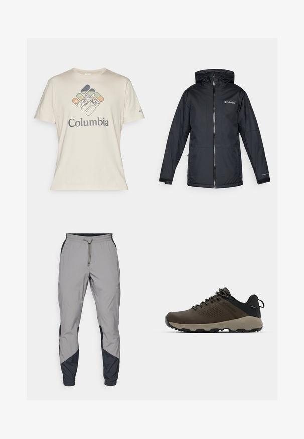 Mustan värvi Columbia veekindel kapuutsiga jakk, millel on esi tõmblukk, reguleeritavad mansetid ning logo rinnal ja varrukal.; Kreemivärvi puuvillane t-särk lühikeste varrukatega, mille esiküljel on mitmevärviline geomeetriline logo ja tekst "Columbia".; Kergedatud hallid sportlikud püksid mustade aktsentidega. Elastne vöökoht, stringiga sulgemine, kitsenev jala disain ja küljetaskud.; Kohandatud veekindlad pruunid spordijalatsid tekstuuriga pealisega, perforatsioonidega detailid, must kandetoetav osa ja hall kummine sisetald. Paelad on metallist otstega.