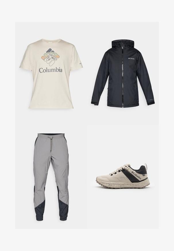 Melnā Columbia ūdensnecaurlaidīgā jaka ar kapuci, priekšējo rāvējslēdzēju, regulējamiem aprocēm un logo uz krūtīm un piedurknēm.; Krēma krāsas kokvilnas T-krekls ar īsām piedurknēm, kas priekšā satur daudzkrāsainu ģeometrisku logo un "Columbia" tekstu.; Viegls, pelēks sporta bikses ar melniem akcentiem. Elastīga josta, ar auklu aizdare, sašaurināts kāju dizains un sānu kabatas.; Columbia sporta apavi zandā un melnā krāsā, ar teksturētu sieta virsējo daļu, punktotu starpsolu un izturīgu gumijas zoli, kas nodrošina saķeri.