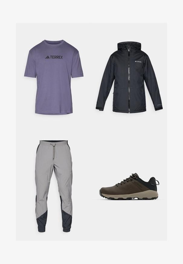 Fekete Columbia vízálló kapucnis dzseki elülső cipzárral, állítható mandzsettával, valamint logóval a mellkason és az ujjon.; Lila, rövid ujjú póló sima szövetből, fekete "TERREX" logóval a mellkason és kör alakú nyakkivágással.; Könnyű, szürke sportnadrág fekete részletekkel. Rugalmas derékpánt, zsinóros zárás, szabott lábszár kialakítás és oldalsó zsebek.; Barna vízálló sportcipők texturált felsőrésszel, perforált díszítésekkel, fekete saroktámasszal és szürke gumi talppal. A cipőfűzők fém végződésekkel vannak ellátva.