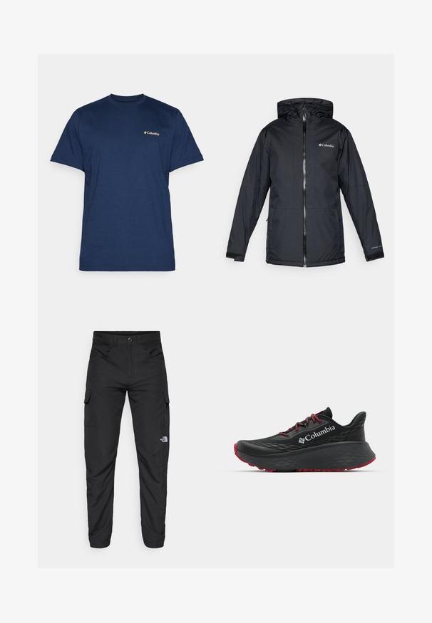 Černá voděodolná kapucová bunda Columbia s předním zipem, nastavitelnými manžetami a logem na prsou a rukávu.; Námořnická modrá krátkosrstá tričko vyrobené z bavlny. Obsahuje malé bílé logo Columbia na levém prsu. Kulatý výstřih a volný střih.; The North Face HORIZON PANT - Outdoorové kalhoty - black; Černá sportovní bota s texturovaným svrškem, červenými tkaničkami a logem. Silná podrážka s vzorovaným dezénem pro lepší trakci. Minimalistický design, boční pohled.