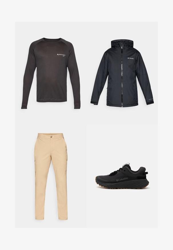 Zwarte Columbia waterdichte hoodie-jack met voorrits, verstelbare manchetten en logo op de borst en mouw.; Langarm sportshirt in effen zwart, met een ronde halslijn en raglanmouwen. Gemaakt van vochtafvoerende stof met een logo-detail.; Beige cargobroek met een knoopsluiting, slim fit, zijzakken en een soepele katoenmix. Geen zichtbare patronen of accenten.; Zwarte Columbia hardloopschoen met een gestructureerde oppervlakte, gewatteerde kraag en rubberen buitenzool met een uniek patroon voor grip.