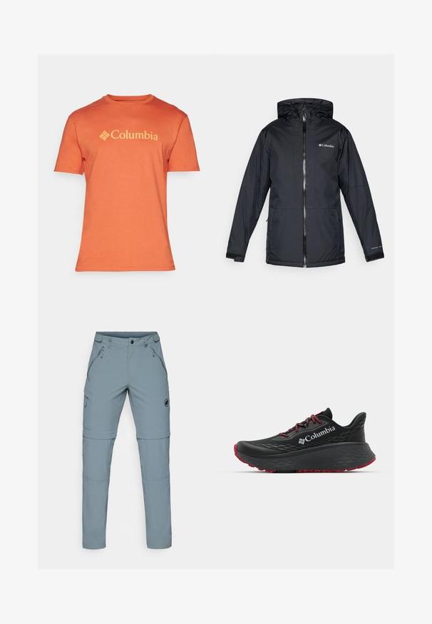 Black Columbia waterproof hooded jacket with front zipper, adjustable cuffs, and logo on chest and sleeve.; Orange cotton t-shirt featuring a crew neck and short sleeves, with a prominent yellow "Columbia" logo across the chest.; Mammut RUNBOLD ZIP OFF PANTS MEN - Outdoor trousers - strata; Black athletic shoe with textured upper, red laces, and logo. Thick sole with patterned tread for traction. Minimalist design, side view.