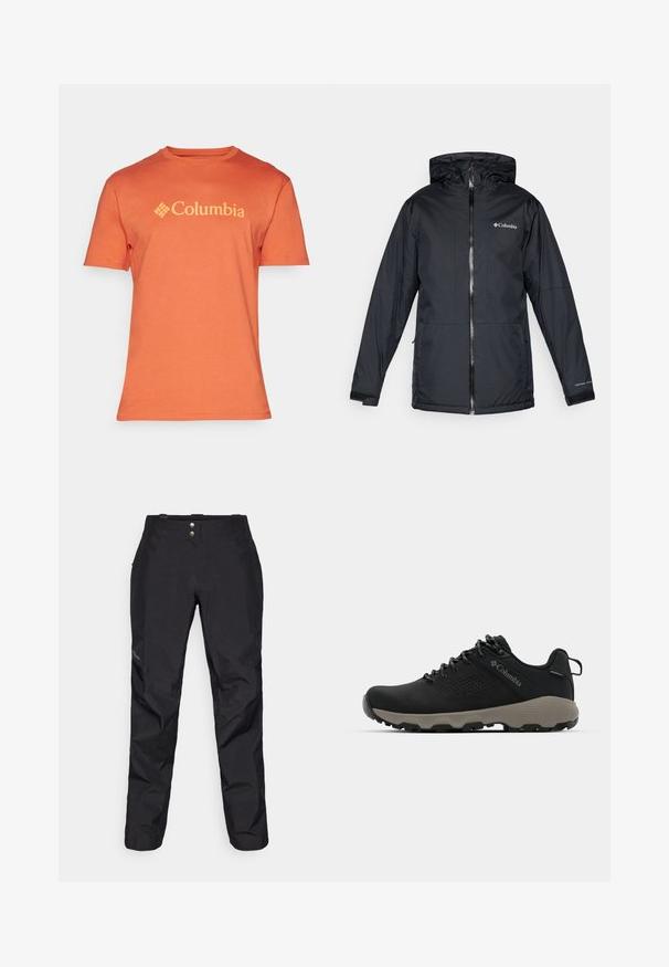 Črna Columbia vodoodporna jakna s kapuco, sprednjim zadrgo, nastavljivimi manšetami ter logotipom na prsih in rokavu.; Oranžna bombažna majica s kratkimi rokavi in krožnim ovratnikom, s poudarjenim rumenim logotipom "Columbia" čez prsa.; Črne vodoodbojne hlače z gladko teksturo, ki imajo dva sprednja gumba in zasnovo ožjih nog. Okrašene z logotipom na strani.; Črne pohodniške čevlje z gladkim zgornjim delom, perforiranim dizajnom, sivo podplatom in ojačanim petnim delom. Imajo vezalke in zanko za enostavno obuvanje.