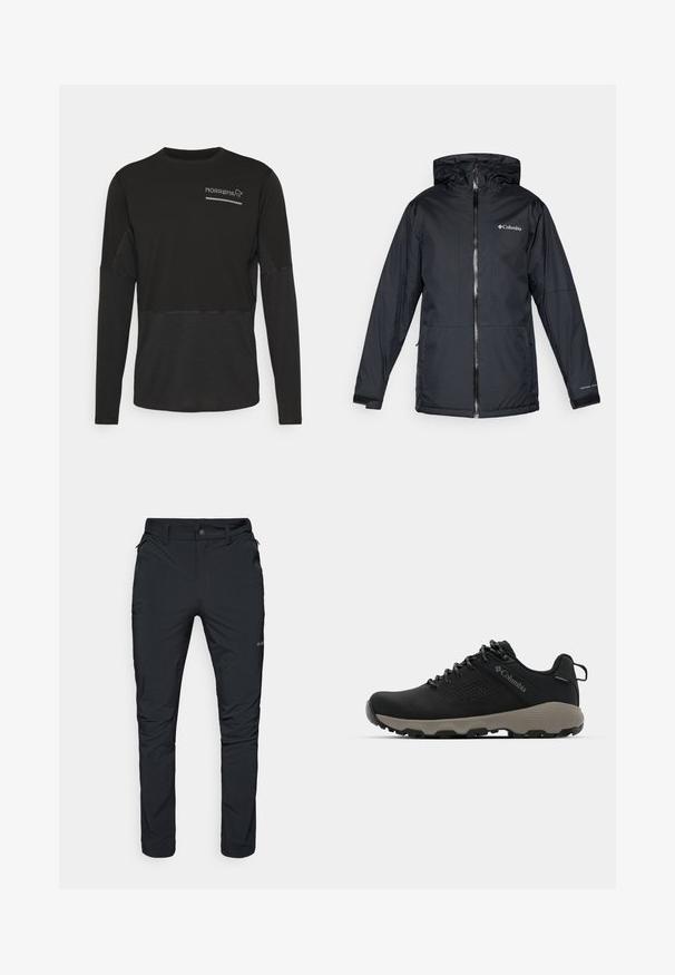 Black Columbia waterproof hooded jacket with front zipper, adjustable cuffs, and logo on chest and sleeve.; Norrøna SENJA EQUALISER LIGHTWEIGHT LONG SLEEVE - Long sleeved top - caviar; Black outdoor trousers with a straight fit, featuring zip pockets, belt loops, and a lightweight, durable fabric texture.; Black hiking shoe with a smooth upper, perforated design, gray outsole, and reinforced heel. Features laces and a pull tab for easy wear.