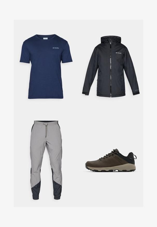 Svart Columbia vanntett hettejakke med frontglidelås, justerbare mansjetter og logo på brystet og ermet.; Kortermet marineblå t-skjorte laget av glatt stoff. Har rund hals og en liten hvit Columbia-logo på venstre bryst.; Lettvektige, grå treningsbukser med svarte detaljer. Elastisk midjebånd, snøring, tapered benedesign og sidelommer.; Brune vanntette joggesko med teksturert overdel, perforerte detaljer, svart hæl støtte og en grå gummisåle. Snøring er stilisert med metalliske ender.