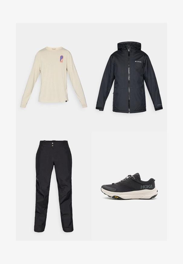 Black Columbia waterproof hooded jacket with front zipper, adjustable cuffs, and logo on chest and sleeve.; Beige long-sleeve Patagonia shirt with small blue and red logo on the upper left chest, featuring a stylized design and text.; Black waterproof pants with a smooth texture, featuring two front buttons and a tapered leg design. Accented with a logo on the side.; Black athletic shoe with a textured upper, grey accents, reflective details, and a thick white sole featuring Vibram branding.