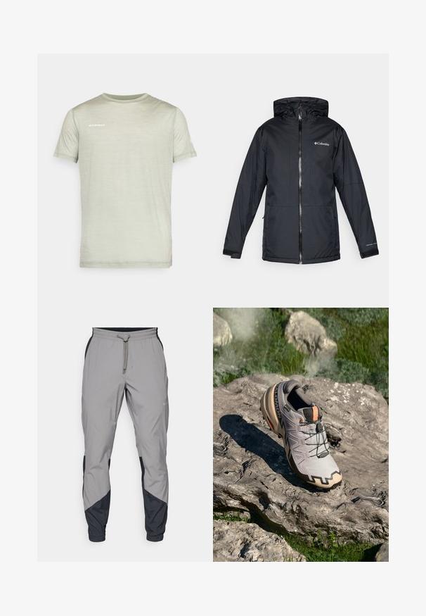 Svart Columbia vattentät jacka med huva, framdragkedja, justerbara ärmslut och logotyp på bröstet och ärmen.; Ljusgrön t-shirt med kort ärm tillverkad av mjukt tyg. Har rundad halsringning och "MAMMUT"-logotyp tryckt i vitt på bröstet.; Lätta, grå träningsbyxor med svarta detaljer. Elastisk midja, dragsko stängning, tapered design och sidofickor.; Ljust grå trail running sko med beige inslag, strukturerad överdel, svarta snören och uttalad sulprofil. Har varumärkets logotyp.