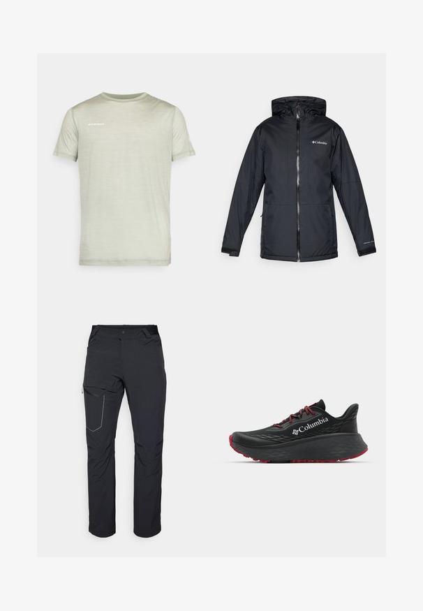 Jachetă cu glugă impermeabilă de la Columbia, de culoare neagră, cu fermoar frontal, manșete ajustabile și logo pe piept și pe mânecă.; Tricou scurt cu mânecă scurtă, de culoare verde deschis, realizat dintr-un material moale. Dispune de un guler tip crew și logo-ul „MAMMUT” imprimat în alb pe piept.; Pantaloni negri de exterior cu buzunar pe coapsă cu fermoar, talie elastică și material neted, rezistent la apă. Design curat, fără logouri vizibile.; Pantofle atletice negre cu superior texturat, șireturi roșii și logo. Talpă groasă cu izolație pentru aderență. Design minimalist, vedere laterală.