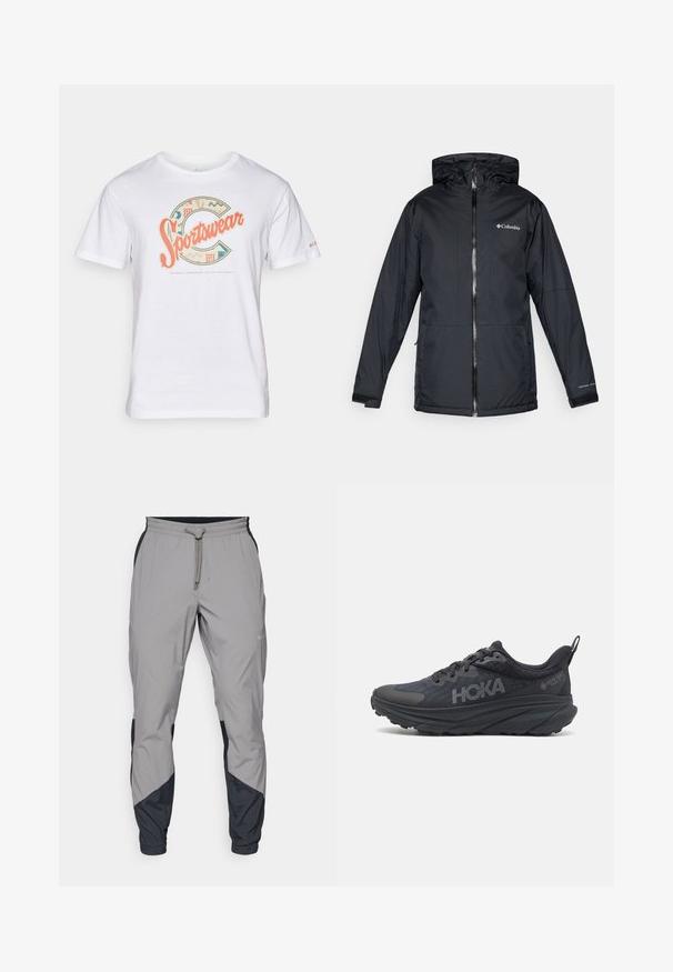 Svart Columbia vanntett hettejakke med frontglidelås, justerbare mansjetter og logo på brystet og ermet.; Hvit bomulls t-skjorte med et flerfarget "Sportswear" grafikk med geometriske mønstre og aksenter, rund halslinning og korte ermer.; Lettvektige, grå treningsbukser med svarte detaljer. Elastisk midjebånd, snøring, tapered benedesign og sidelommer.; Svart Hoka løpesko med mesh-overdel, teksturerte detaljer, og en tykk, polstret såle med avsmalnende kanter for forbedret støtte.