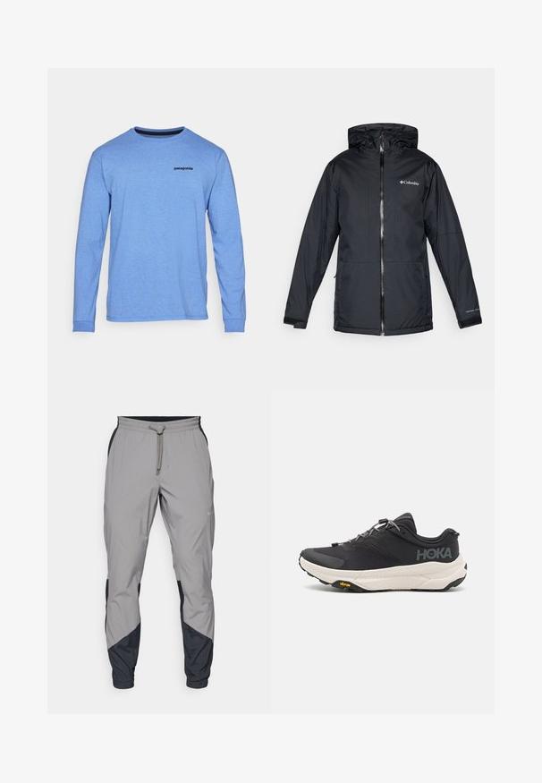 Svart Columbia vattentät jacka med huva, framdragkedja, justerbara ärmslut och logotyp på bröstet och ärmen.; Långärmad blå skjorta gjord av mjukt tyg. Har rund hals och en liten svart logotyp på övre vänstra sidan.; Lätta, grå träningsbyxor med svarta detaljer. Elastisk midja, dragsko stängning, tapered design och sidofickor.; Svart sportskor med en texturerad ovansida, grå detaljer, reflektiva inslag och en tjock vit sula med Vibram-märkning.