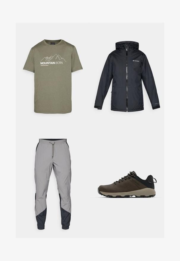 Casaco impermeável com capuz da Columbia, na cor preta, com fecho frontal, punhos ajustáveis e logotipo no peito e na manga.; Peak Performance EXPLORE GRAPHIC TEE - T-shirt estampada - pine needle; Calças de treino leves e cinzentas com detalhes pretos. Cintura elástica, fecho com cordão, design de perna afunilada e bolsos laterais.; Ténis impermeáveis castanhos com um upper texturizado, detalhes perfurados, apoio para o calcanhar preto e uma sola de borracha cinza. Os atacadores têm extremidades metálicas.