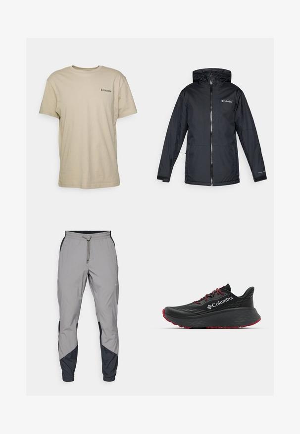 Jachetă cu glugă impermeabilă de la Columbia, de culoare neagră, cu fermoar frontal, manșete ajustabile și logo pe piept și pe mânecă.; Tricou din bumbac bej, cu mâneci scurte, guler rotund și un mic logo negru în zona stângă a pieptului. Textură netedă, design casual.; Pantaloni sportivi ușori, gri, cu accente negre. Talie elastică, închidere cu șnur, design cu picior tapered și buzunare laterale.; Pantofle atletice negre cu superior texturat, șireturi roșii și logo. Talpă groasă cu izolație pentru aderență. Design minimalist, vedere laterală.