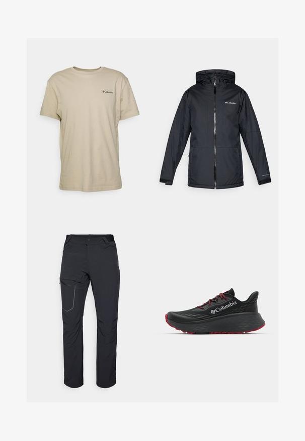 Black Columbia waterproof hooded jacket with front zipper, adjustable cuffs, and logo on chest and sleeve.; Beige cotton t-shirt with short sleeves, crew neck, and a small black logo on the left chest area. Smooth texture, casual design.; Black outdoor pants featuring a zippered thigh pocket, elastic waistband, and smooth, water-resistant fabric. Clean design with no visible logos.; Black athletic shoe with textured upper, red laces, and logo. Thick sole with patterned tread for traction. Minimalist design, side view.